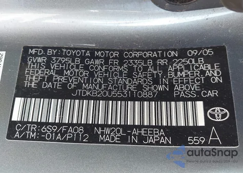 2005 Toyota Prius from USA, damaged, VIN JTDKB20U553110887